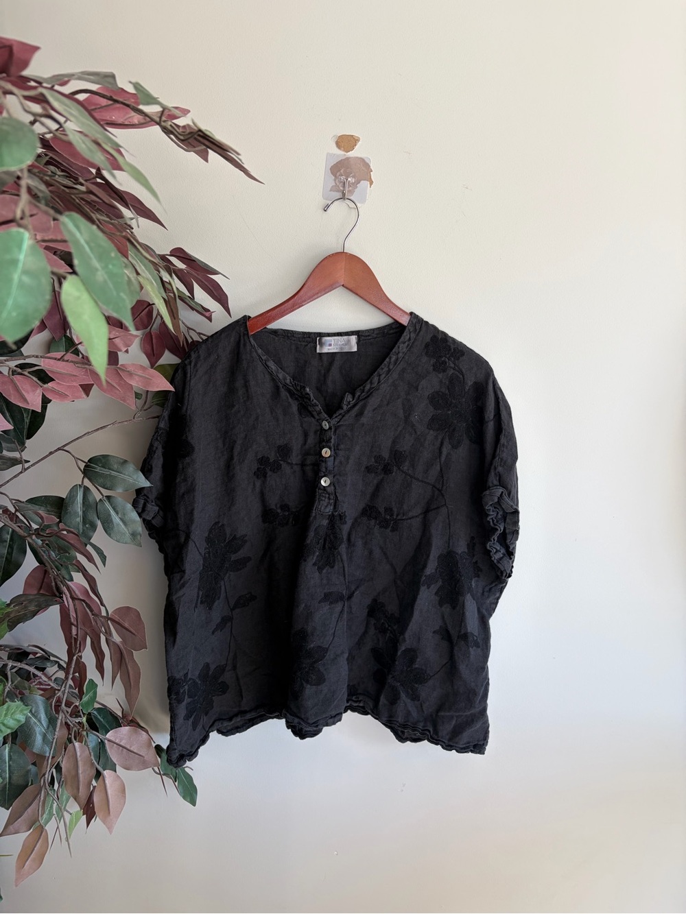 Tina Stephen’s Black Floral Embroidered V-Neck Blouse